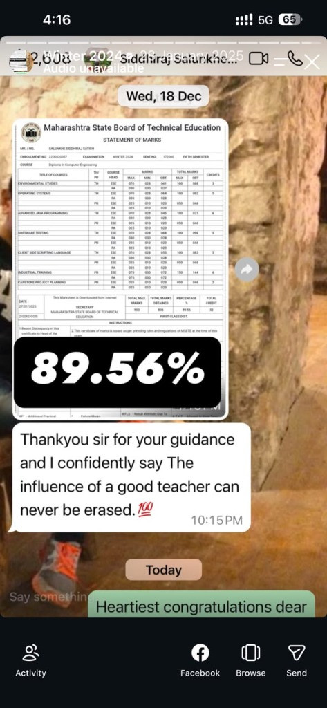 Salunkhe Siddhraj 89.56% First Class Distinction